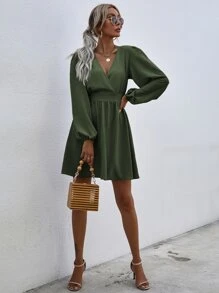 SHEIN VCAY Surplice Neck Lantern Sleeve Dress - Green - View 3