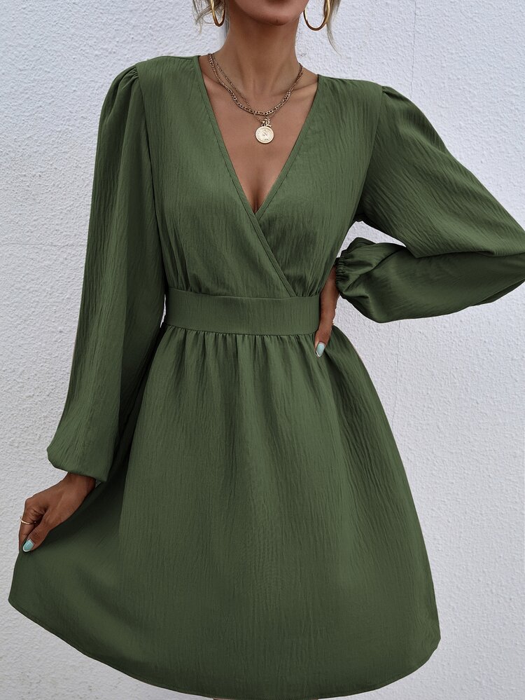 SHEIN VCAY Surplice Neck Lantern Sleeve Dress - Green - View 4