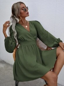 SHEIN VCAY Surplice Neck Lantern Sleeve Dress - Green - View 5