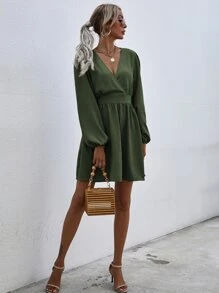 SHEIN VCAY Surplice Neck Lantern Sleeve Dress - Green - View 6