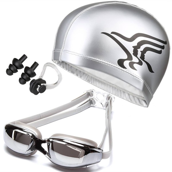 

Anti-fog Swimming Goggles With Swim Cap Set, Silver