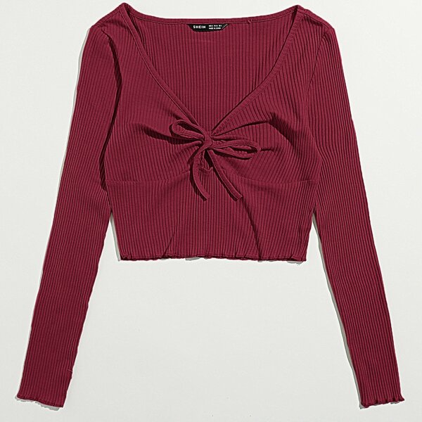 

Lettuce Trim Knot Front Rib-knit Tee, Burgundy