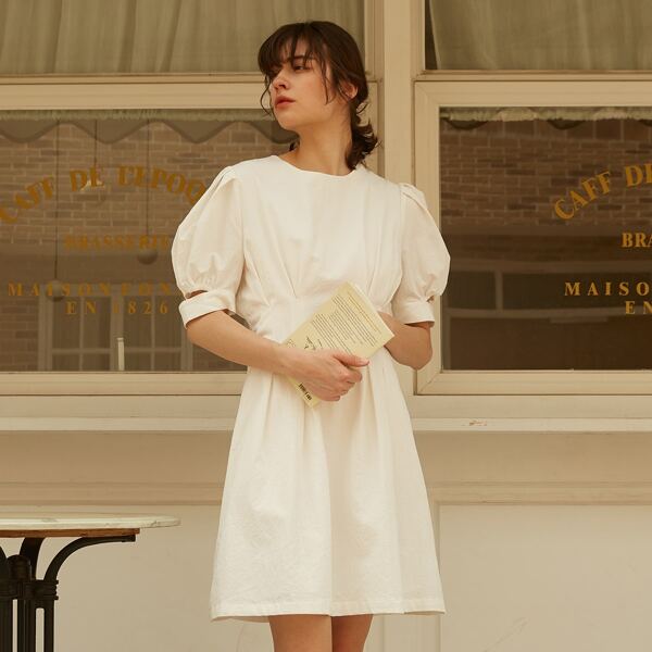 

Cutout Puff Sleeve Solid Dress, White