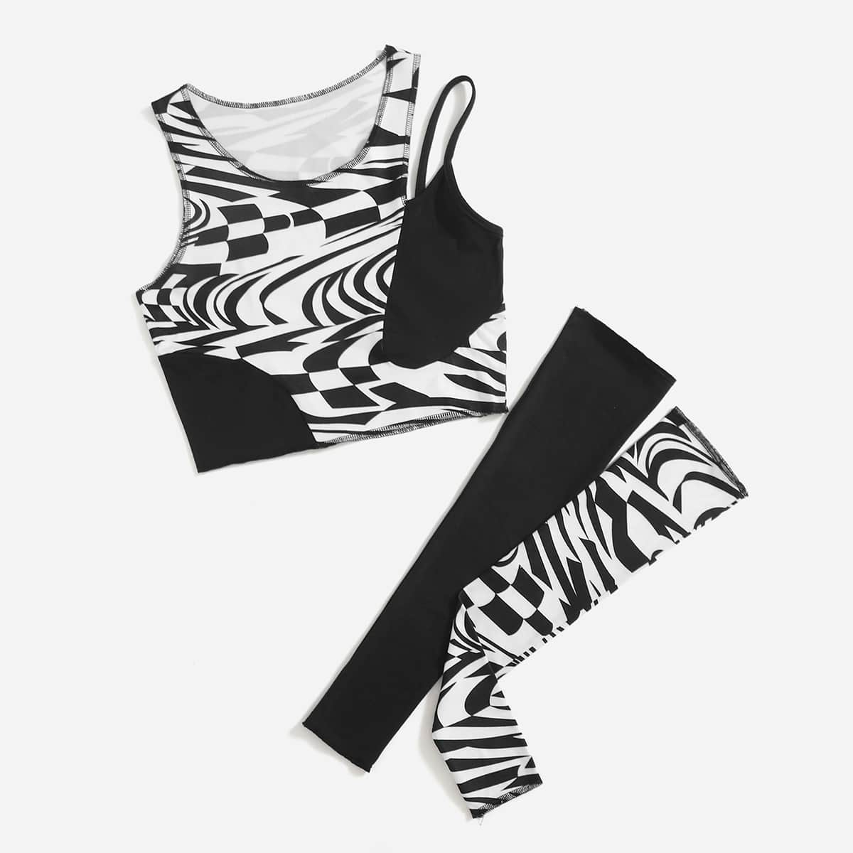 

Plaid Print Tank Top With Sleeve, Black and white