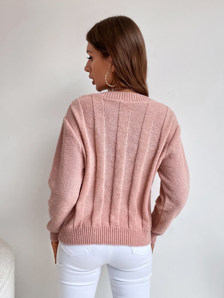 SHEIN LUNE 纯色粗针织毛衣、长袖上衣 - 藕粉色 - 查看 2