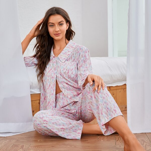 

Allover Print Pocket Patched Button Front PJ Set, Multicolor