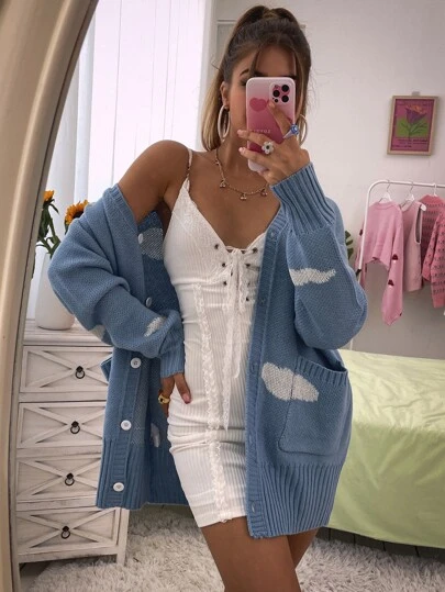 Cloud Pattern Drop Shoulder Cardigan