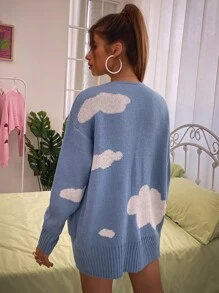 SHEIN Unity 休闲撞色提花长袖前扣时尚针织开衫 - 藍色 - 查看 2