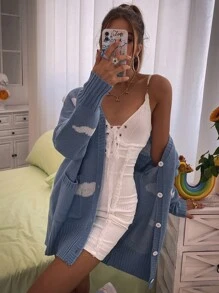 SHEIN Unity 休闲撞色提花长袖前扣时尚针织开衫 - 藍色 - 查看 3