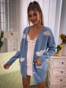 SHEIN Unity 休闲撞色提花长袖前扣时尚针织开衫 - 藍色 - 查看 5