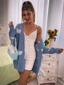 SHEIN Unity 休闲撞色提花长袖前扣时尚针织开衫 - 藍色 - 查看 6