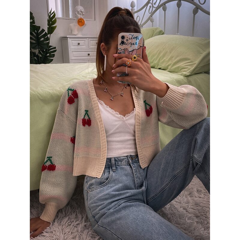

Cherry Pattern Open Front Cardigan, Apricot