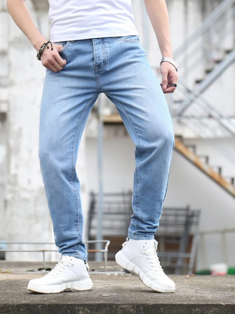Manfinity Botão Bolso Simples Jeans Masculina - Lavagem clara - Visão 1