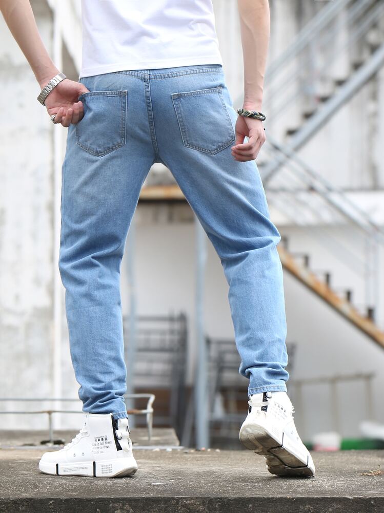 Manfinity Botão Bolso Simples Jeans Masculina - Lavagem clara - Visão 2