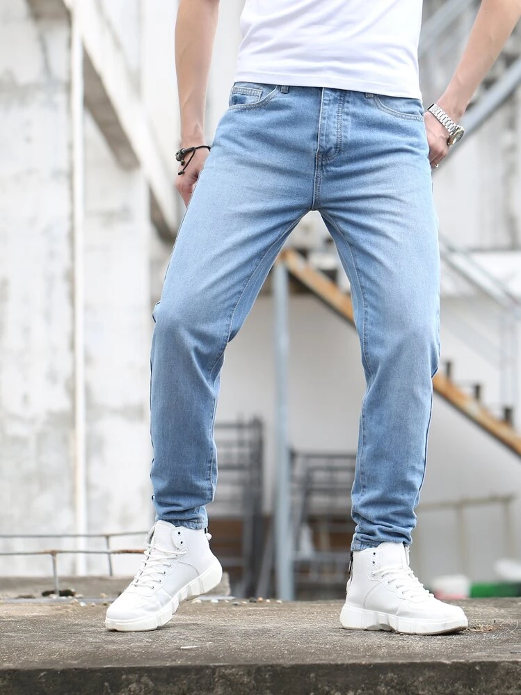 Manfinity Botão Bolso Simples Jeans Masculina - Lavagem clara - Visão 3