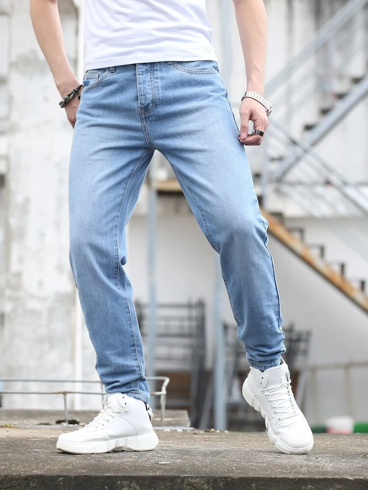 Manfinity Botão Bolso Simples Jeans Masculina - Lavagem clara - Visão 5