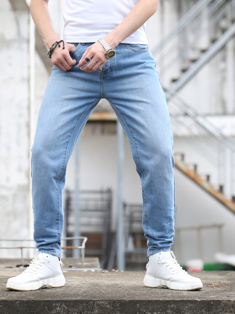 Manfinity Botão Bolso Simples Jeans Masculina - Lavagem clara - Visão 6