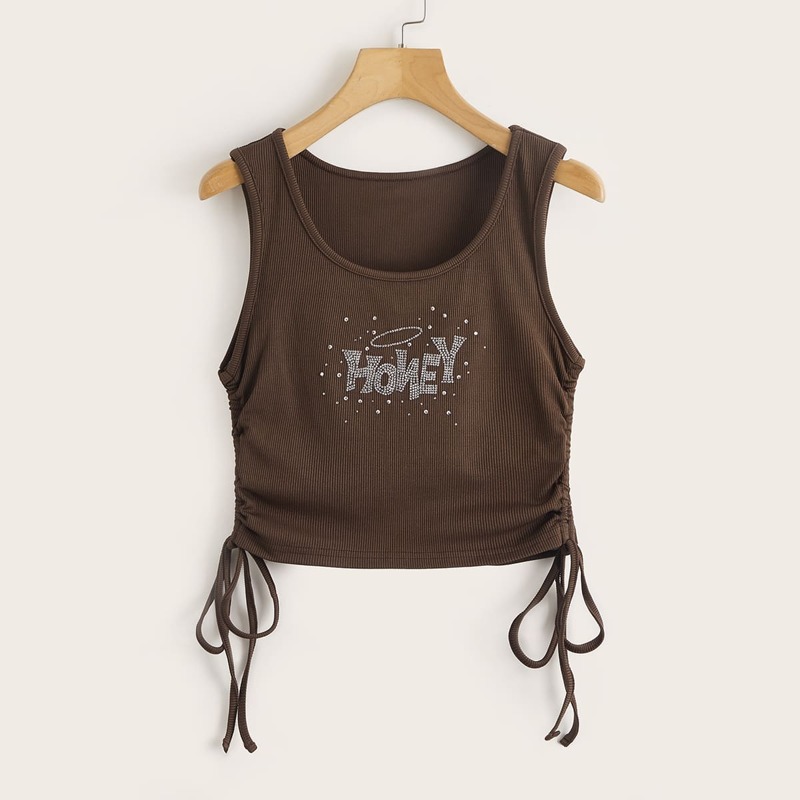 

Letter Rhinestone Drawstring Tank Top, Coffee brown