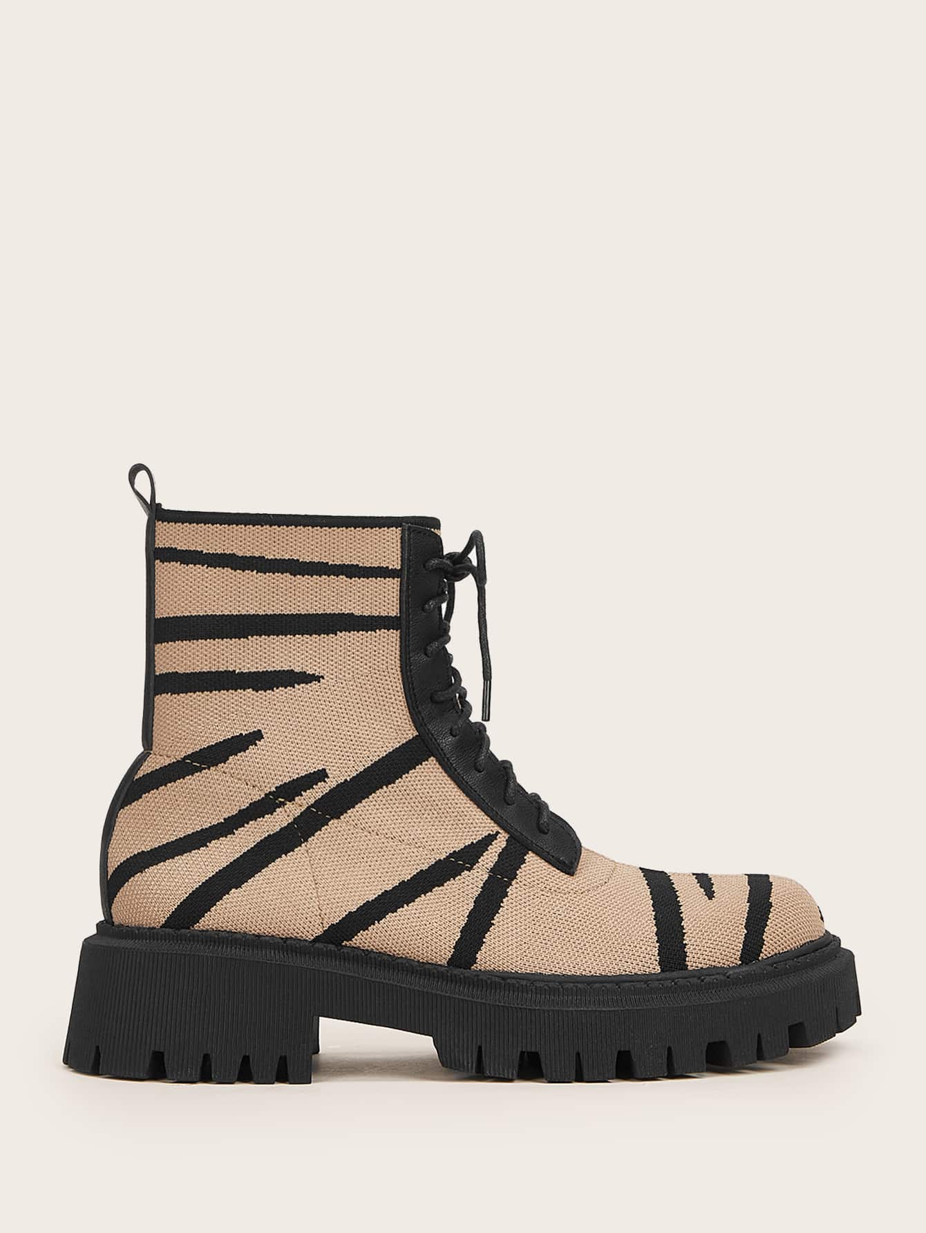 Lace-up Front Zebra Stripe Pattern Combat Boots