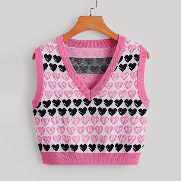 

V Neck Colorblock Heart Pattern Sweater Vest, Multicolor