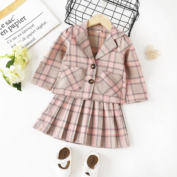 

Toddler Girls Lapel Neck Plaid Print Blazer & Pleated Skirt, Multicolor