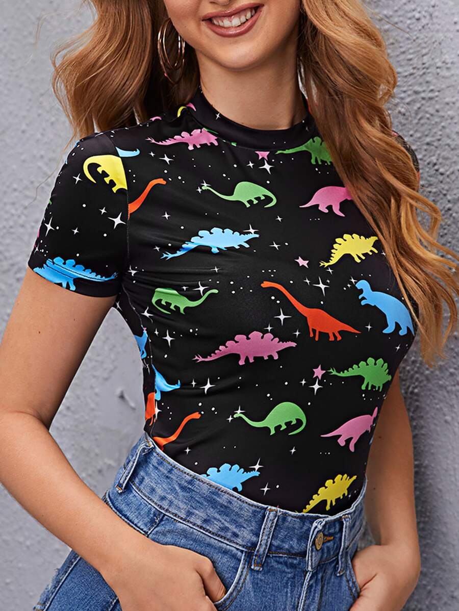 SHEIN LUNE Dinosaur Print Fitted Tee - Multicolor - View 1