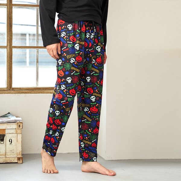 

Men Halloween Pumpkin And Skull Print Pajama Pants, Multicolor