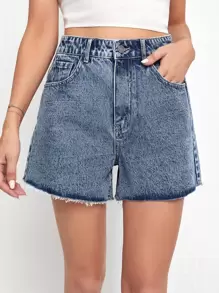 高腰毛邊牛仔短褲 - 中等水洗藍 - 查看 1
