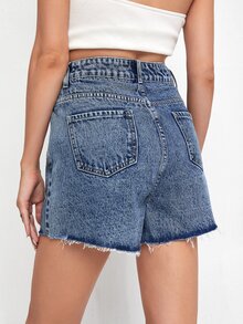 高腰毛邊牛仔短褲 - 中等水洗藍 - 查看 2