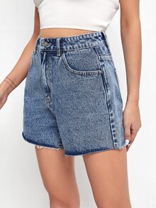 高腰毛邊牛仔短褲 - 中等水洗藍 - 查看 3