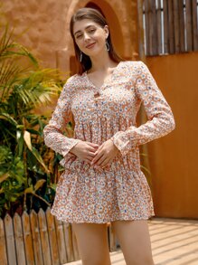 UNIQUE21 Floral Print Flounce Sleeve Fold Pleated Ruffle Hem Dress