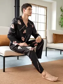 Men Cartoon Bear & Slogan Graphic Lounge Set - Black - View 1