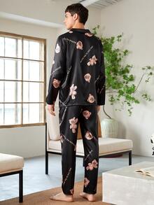 Men Cartoon Bear & Slogan Graphic Lounge Set - Black - View 2