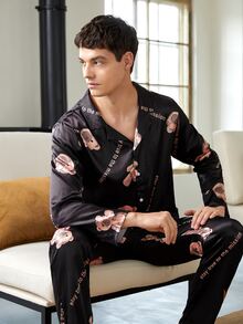 Men Cartoon Bear & Slogan Graphic Lounge Set - Black - View 3