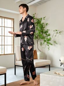 Men Cartoon Bear & Slogan Graphic Lounge Set - Black - View 4