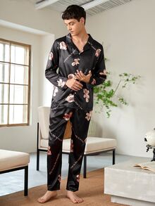 Men Cartoon Bear & Slogan Graphic Lounge Set - Black - View 5