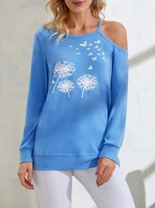 Dandelion Print Asymmetrical Neck Sweatshirt - Blue - View 1