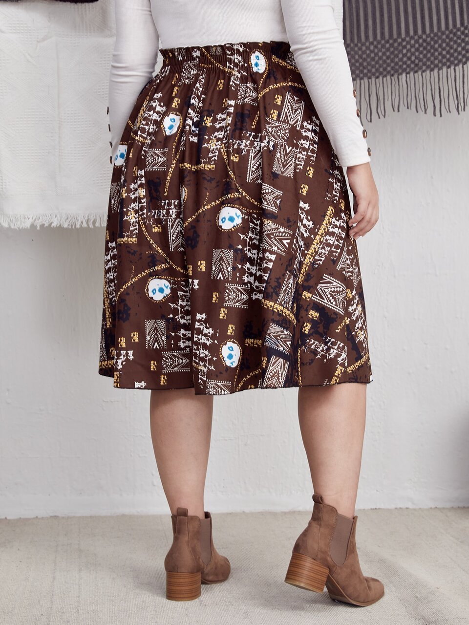 Plus Frill Waist Geo Print Skirt