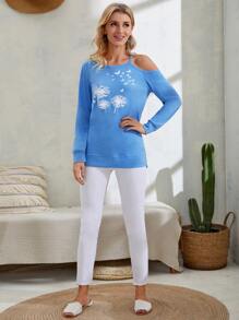 Dandelion Print Asymmetrical Neck Sweatshirt - Blue - View 4