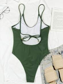 Plain One Piece Swimsuit, For Summer Beach Vacation - Army Green - View 2