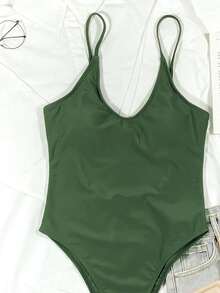 Plain One Piece Swimsuit, For Summer Beach Vacation - Army Green - View 3