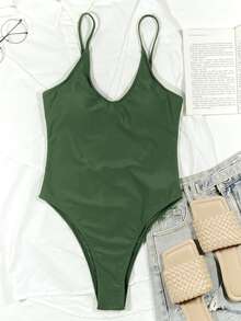 Plain One Piece Swimsuit, For Summer Beach Vacation - Army Green - View 4