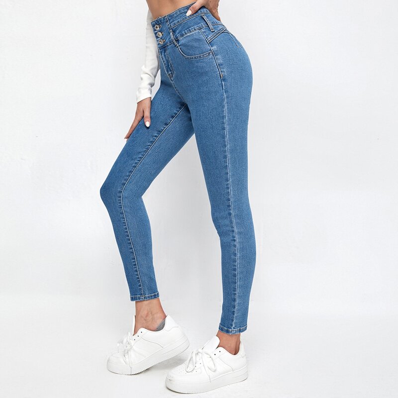 

High Waist Button Front Skinny Jeans, Medium wash