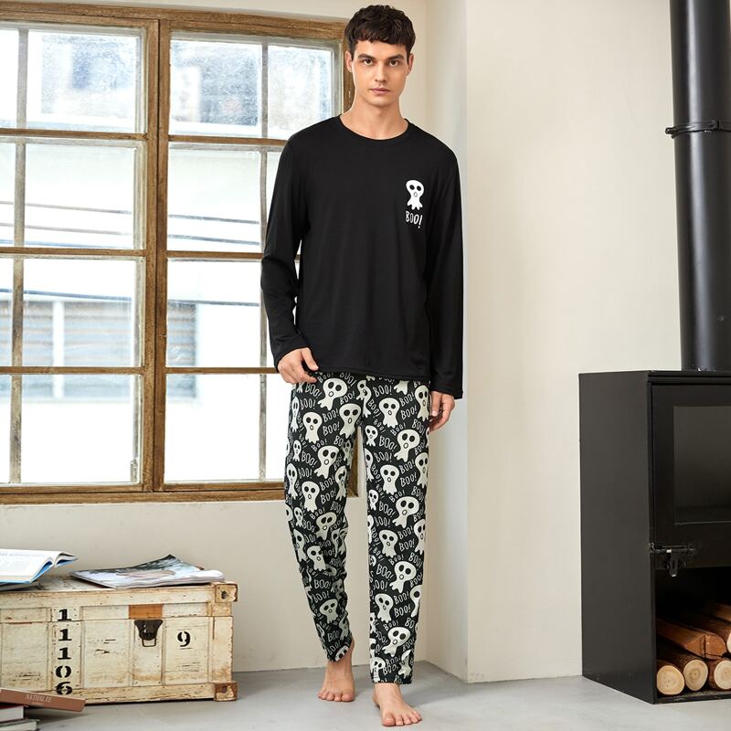 

Guys Halloween Print Tee & Pants Lounge Set, Black and white