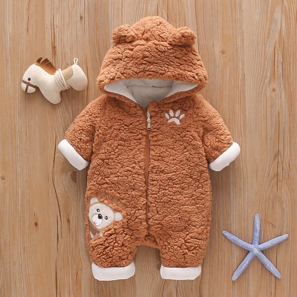 

Baby Unisex 3D Ears Design Cartoon Embroidery Hooded Jumpsuit, Brown