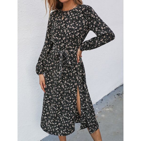 

Ditsy Floral Split Thigh Belted Dress, Black