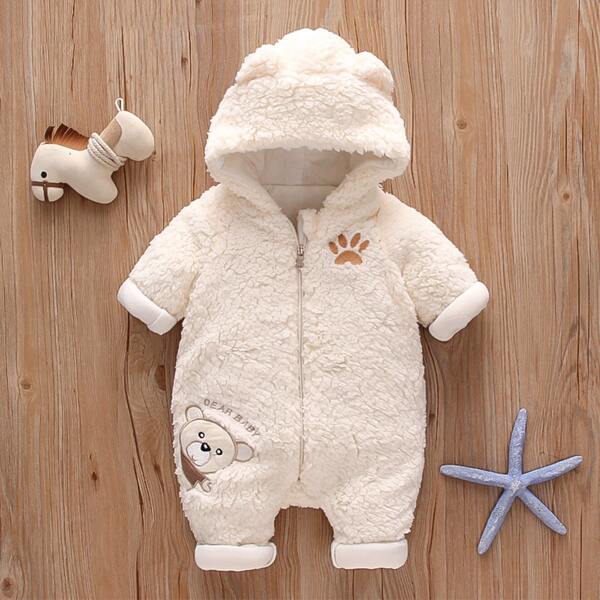 

Baby Cartoon Embroidery 3D Ears Hooded Fleece Jumpsuit, White