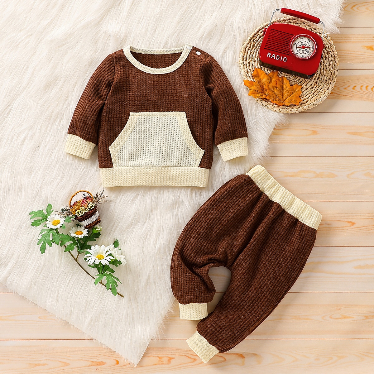 детский вязаный контрастный с карманом Пуловер & Спортивные брюки