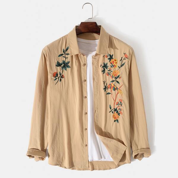 

Men Floral Embroidered Button Through Shirt, Khaki