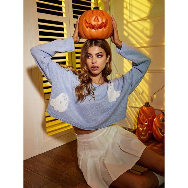 

Halloween Pattern Drop Shoulder Sweater, Baby blue